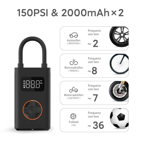 Mini Compresseur D'air Portable 150 PSI, 10,3 Bars, LED, Rechargeable USB-C QiCYCLE N2