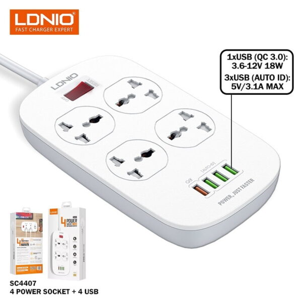 Multiprise 4 Prise Avec 4 Entrées USB 5V 3.1A 2500W 2m LDNIO SC4407