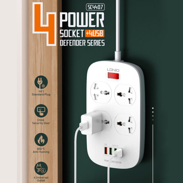 Multiprise 4 Prise Avec 4 Entrées USB 5V 3.1A 2500W 2m LDNIO SC4407