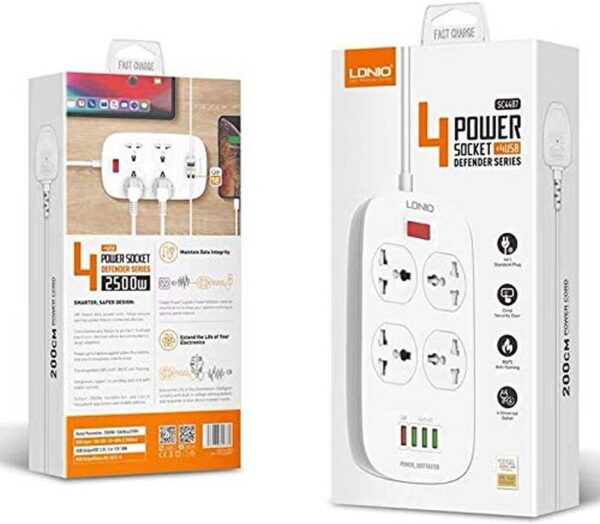 Multiprise 4 Prise Avec 4 Entrées USB 5V 3.1A 2500W 2m LDNIO SC4407