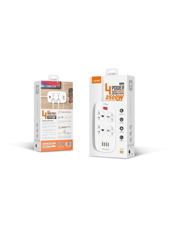 Multiprise 4 Prise Avec 4 Entrées USB 5V 3.1A 2500W 2m LDNIO SC4407